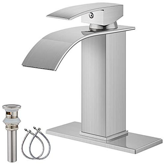 Picture of Midanya Brushed Nickel Bathroom Sink Faucet Waterfall Spout Single Handle 1 Hole Deck Mount Mixer Tap Lavatory Vanity Sink Faucet Commercial with Deck Plate Pop Up Drain with Overflow