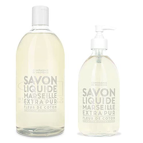 Picture of Compagnie de Provence Savon de Marseille Extra Pure Liquid Soap - Cotton Flower -16.9 Fl Oz Glass Pump Bottle and 33.8 fl oz Plastic Bottle Refill