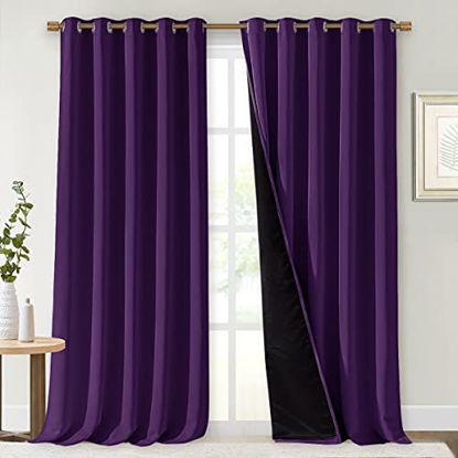 Picture of NICETOWN 100% Blackout Curtains with Black Liner Backing, Thermal Insulated Curtains for Living Room, Noise Reducing Drapes, Royal Purple, 70 inches Wide x 108 inches Long Per Panel, Set of 2