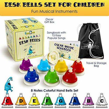 Picture of MINIARTIS Desk Bells Set for Kids | 8 Notes Diatonic Colorful Metal Hand Bells | Kids Musical Instruments | Music Songbook & Carry Case Included | Great Holiday Birthday Gift for Children