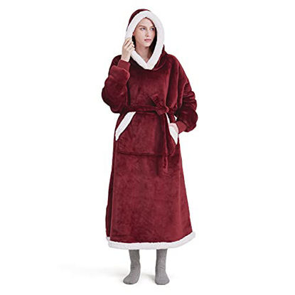 Picture of Bedsure Oversized Blanket Hoodie - Long-length Wearable Hooded Blanket Sweatshirt with Side Split, Belt and Big Hood, Giant Warm Sherpa Sweater Blanket Jacket, Burgundy