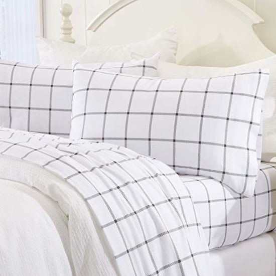 Picture of Great Bay Home - 100% Turkish Cotton Queen Flannel Sheet Set. Heavyweight, Warm, Winter Luxury Bed Sheets. Pre-Shrunk & Anti-Pill - Windowpane - White / Grey