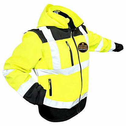 Picture of KwikSafety (Charlotte, NC) AGENT SoftShell Safety Jacket (DETACHABLE Hood) Class 3 Hi Visibility Water Resistant ANSI OSHA Reflective Hoodie Warm Winter Construction Gear Men | Yellow Small