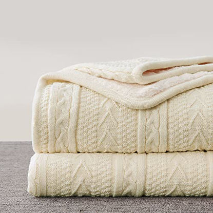 Picture of Longhui bedding Acrylic Cable Knit Sherpa Throw Blanket - Thick, Soft, Big, Cozy Cream Knitted Fleece Blankets for Couch, Sofa, Bed - Large 60 x 80 Inches Beige Coverlet All Season