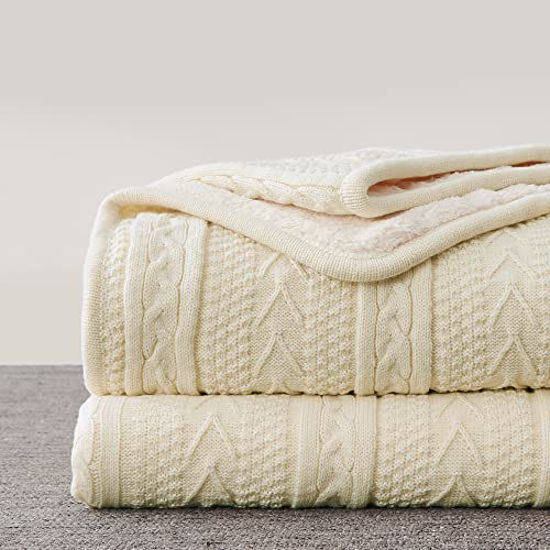 GetUSCart Longhui bedding Acrylic Cable Knit Sherpa Throw Blanket Thick Soft Big Cozy Cream Knitted Fleece Blankets for Couch Sofa Bed Large 60 x 80 Inches Beige Coverlet All Season