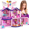 Picture of Dollhouse w/ 2 Princesses, 4 Unicorns and Dog Dolls - Pink / Purple Dream House Toy for Little Girls - 4 Rooms w/ Garden - Pretend Play for Toddlers w/ Furniture and Accessories - Girls Ages 3 - 6