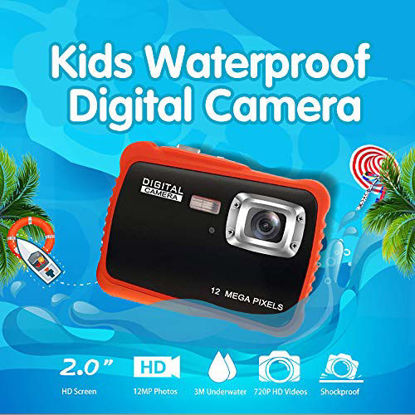 Picture of Kids Waterproof Camera Digital Camera for 4-10 Years Old Children, 12MP HD Underwater Action Camera Camcorder with 8X Digital Zoom, 2.0 Inch LCD Display, 16G Micro SD Card  Easy to Use (Orange)