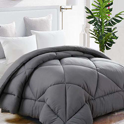 Picture of TEKAMON All Season Full Comforter Winter Warm Summer Soft Quilted Down Alternative Duvet Insert Corner Tabs, Machine Washable Fluffy Reversible Collection for Hotel, Charcoal Grey