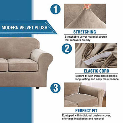 Picture of H.VERSAILTEX Modern Velvet Plush 4 Piece High Stretch Sofa Slipcover Strap Sofa Cover Furniture Protector Form Fit Luxury Thick Velvet Sofa Cover for 3 Cushion Couch, Machine Washable(Sofa,Taupe)