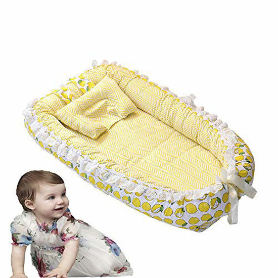 Picture of Brandream Baby Nest Bed Yellow, Fruit Newborn Baby Lounger with Lemon, Infant Sleeping Nest Breathable 100% Cotton Cute Baby Bassinet for Bed Lace Design, Portable Crib for Bedroom/Travel