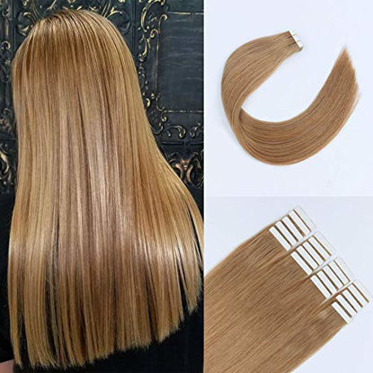 Picture of Sixstarhair Strawberry Blonde Tape in Hair Extensions 20 Pieces Remy Human Hair Extensions Double Side Tape Attached Invisible Hair Extensions [Color 27 Strawberry Blonde 18inch]