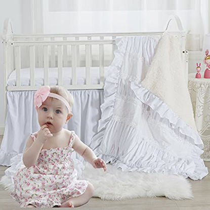 Picture of Brandream White Nursery Bedding Farmhouse Girls Crib Bedding Princess Baby Blanket Set 3 Piece, White Fitted Sheet, Ruffle Skirt