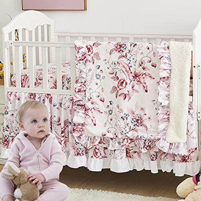 Picture of Brandream Girls Nursery Bedding Pink Floral Crib Bedding Set 3 Piece Farmhouse Baby Blanket Set, 3 Piece