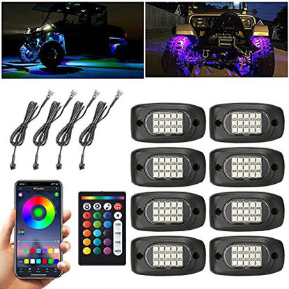 Picture of Winunite 8 Pods RGB LED Rock Lights, 120LEDs Waterproof Music Mode/29 Colors Changing Modes/Voice Mode APP/Remote Control Neon LED Light Kit for Off Road Trucks SUV Car ATV UTV(4Pcs Wires Provided)