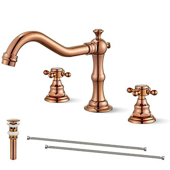 Picture of Widespread Bathroom Faucet Rose Gold 3 Holes Deck Mounted Basin Mixer Tap with Pop Up Drain Assembly with Overflow Victorian Style Dual Cross Knobs Hot and Cold Water