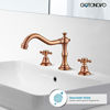 Picture of Widespread Bathroom Faucet Rose Gold 3 Holes Deck Mounted Basin Mixer Tap with Pop Up Drain Assembly with Overflow Victorian Style Dual Cross Knobs Hot and Cold Water