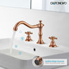 Picture of Widespread Bathroom Faucet Rose Gold 3 Holes Deck Mounted Basin Mixer Tap with Pop Up Drain Assembly with Overflow Victorian Style Dual Cross Knobs Hot and Cold Water