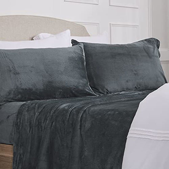 Picture of Velvet Plush Sheet and Pillowcase Set with Extra Deep Pockets | Extra Soft Micro Fleece Sheet Set | Ultra Plush and Cozy Warmth | Velvety Soft Heavyweight | Tribeca Collection (Queen, Dark Grey)