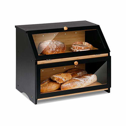 Picture of HOMEKOKO Double Layers Large Bread Box for Kitchen Counter, Wooden Large Capacity Bamboo Bread Food Storage Bin - Black