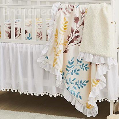 Picture of Brandream Neutral Nursery Bedding Leaves Crib Bedding Chic Baby Blanket 3 Piece with Pompom Bed Skirt, White Yellow Green