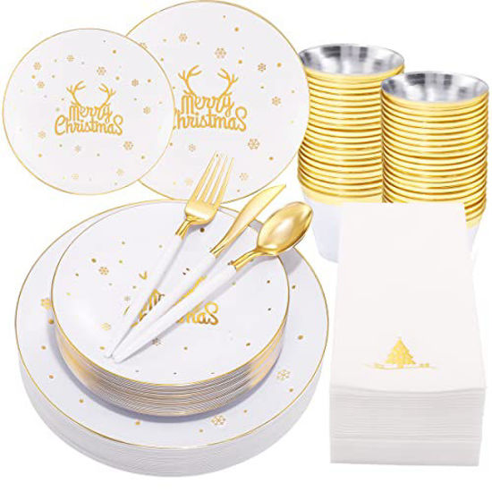 Picture of Nervure 175PCS White and Gold Disposable Plates&Gold Plastic Silverware with White Handle for Merry Christmas&Party includes 25Dinner Plates 25Dessert Plates 25Knives 25Forks 25Spoons 25Napkins