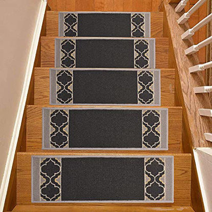 Picture of Stair Treads Skid Slip Resistant Backing Indoor Carpet Stair Treads Trellis Border Design 8 ½ inch x 26 inch (Set of 13, Black)