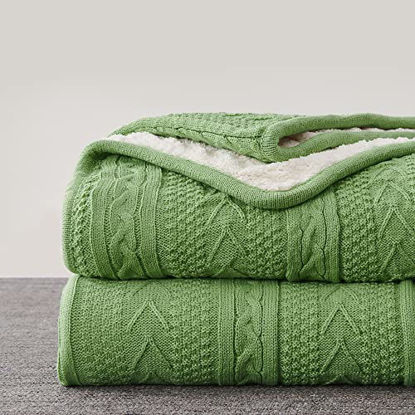 Picture of Longhui bedding Acrylic Cable Knit Sherpa Throw Blanket - Thick, Soft, Big, Cozy Sage Green Knitted Fleece Blankets for Couch, Sofa, Bed - Large 60 x 80 Inches Coverlet All Season