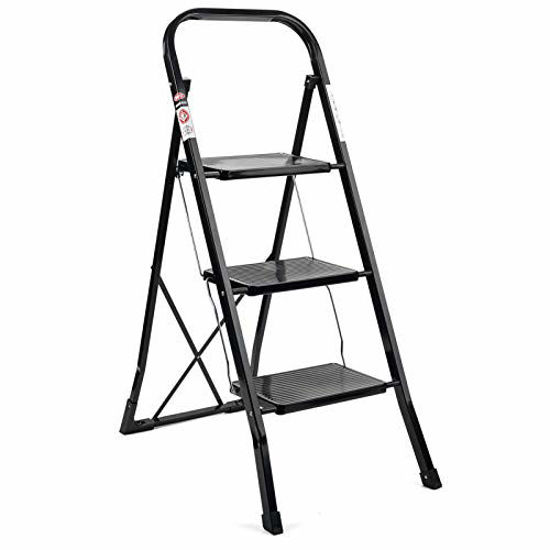 Picture of Delxo 3 Step Ladder Folding Step Stool Ladder with Handgrip Anti-Slip Sturdy and Wide Pedal Multi-Use for Household and Office Portable Step Stool Steel 330lbs Black (3 feet)