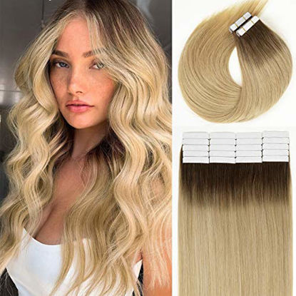 Picture of LacerHair Tape in Hair Extensions Human Hair #4/18 Dark Ash Blonde with Warm Medium Brown Rootes 18 Inch Seamless Skin Weft Real Remy Invisible Straight Double Side Tape in Hair Extensions 50g 20pcs