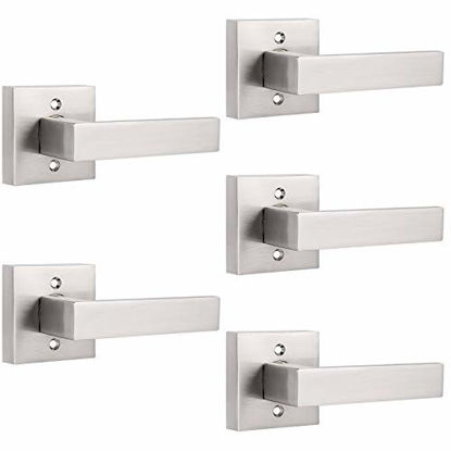 Picture of Probrico [Pack of 5]Door Lever Dummy Lever Door Handle for Closets French Doors,Square Dummy Door Lever,Non-Turning Single Side Pull with Satin Nickel Finish,Easy Installation Pull Only Lever Set