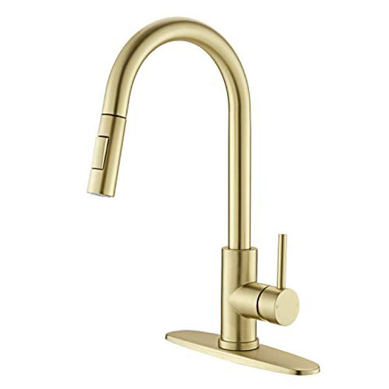 Picture of Tohlar Gold Kitchen Faucets with Pull-Down Sprayer, Modern Kitchen Sink Faucet Stainless Steel Single Handle Kitchen Faucet with Deck Plate, Brushed Gold