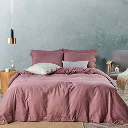 Picture of JELLYMONI Burgundy 100% Washed Cotton Duvet Cover Set, 3 Pieces Luxury Soft Bedding Set with Buttons Closure. Solid Color Pattern Duvet Cover Cal King Size(No Comforter)