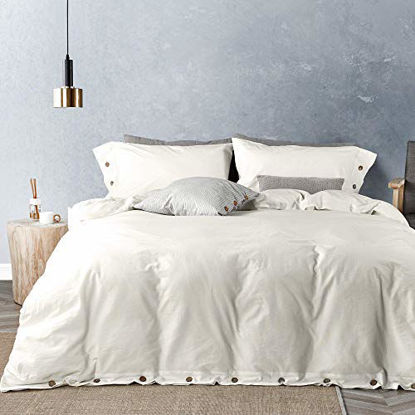 Picture of JELLYMONI White 100% Washed Cotton Duvet Cover Set, 3 Piece Luxury Soft Bedding Set with Buttons Closure. Solid Color Pattern Duvet Cover California King Size(No Comforter)