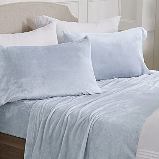 Picture of Velvet Plush Sheet and Pillowcase Set with Extra Deep Pockets | Extra Soft Micro Fleece Sheet Set | Ultra Plush and Cozy Warmth | Velvety Soft Heavyweight | Tribeca Collection (King, Glacier Blue)