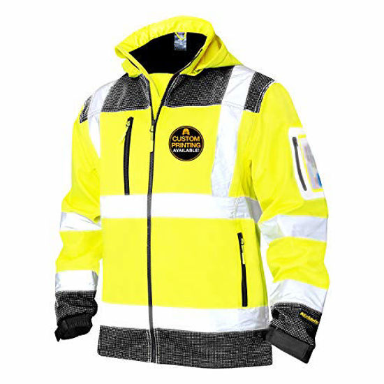 Picture of KwikSafety (Charlotte, NC) GALAXY SoftShell Safety Jacket (LIMITED EDITION Pattern) Class 3 Hi Visibility Water Resistant ANSI OSHA Reflective Hoodie Winter Construction Gear Men | Yellow 2XL