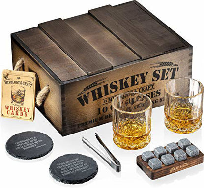 Picture of Mixology Whiskey Stones Gift Set for Men, Whiskey Glass Set with Rustic Wooden Crate, 8 Granite Whiskey Rocks Chilling Stones, 10oz Whiskey Glasses, Whiskey Gift For Men, Dad, Husband, Boyfriend