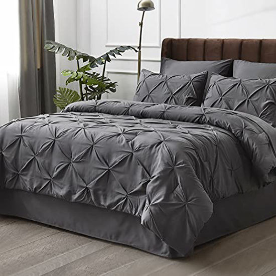 Picture of Bedsure Dark Grey Full Size Comforter Sets - 8 Pieces Pintuck Bed Set Full Size, Dark Grey Full Size Bed in A Bag with Comforters, Sheets, Pillowcases & Shams