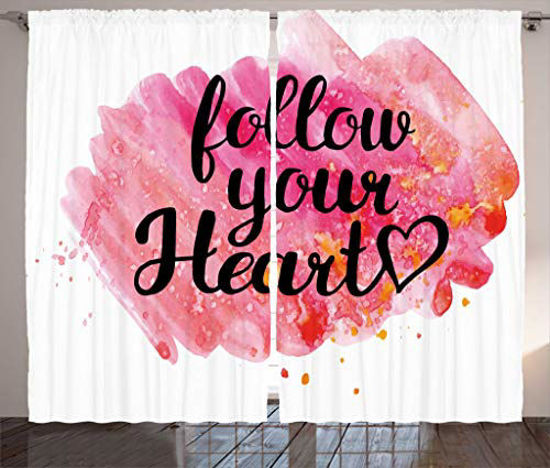 Picture of Ambesonne Modern Curtains, Follow Your Heart Motivational Words Watercolor Paintbrush Effects Love Themed Print, Living Room Bedroom Window Drapes 2 Panel Set, 108" X 84", Pink Ruby