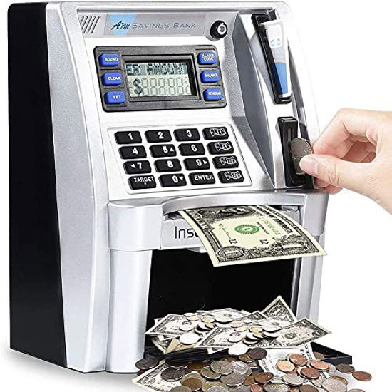 Picture of LB ATM Savings Bank for Kids Cash Coins Personal ATM Piggy Bank Money Savings Machine Birthday Gift Toy, Black Sliver