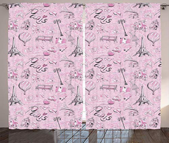 Picture of Ambesonne Paris Curtains, Paris Themed Sketch Art with Bike Dog Shoes Lantern Hot Air Ballon Bird Cage, Living Room Bedroom Window Drapes 2 Panel Set, 108" X 84", Pink Black