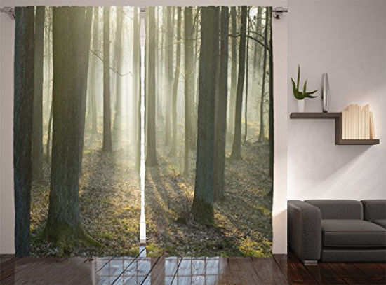 Picture of Ambesonne Forest Curtains, Foggy Oak Forest in Autumn Morning Sunbeams Entering from The Back Image Print, Living Room Bedroom Window Drapes 2 Panel Set, 108" X 84", White Tan