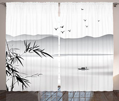 Picture of Ambesonne East Curtains, Silhouette of Horizontal Mountains and The River with Small Vessel Solitude Theme Art, Living Room Bedroom Window Drapes 2 Panel Set, 108" X 84", Grey White