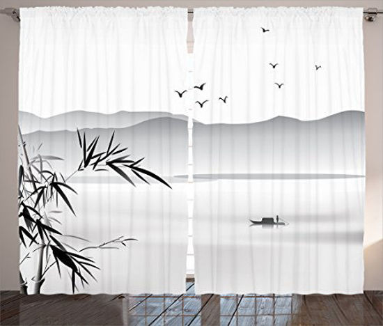 Picture of Ambesonne East Curtains, Silhouette of Horizontal Mountains and The River with Small Vessel Solitude Theme Art, Living Room Bedroom Window Drapes 2 Panel Set, 108" X 84", Grey White