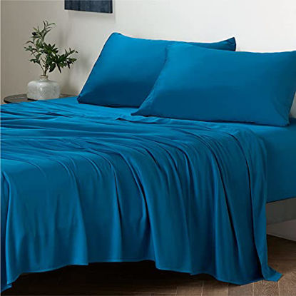 Picture of Bedsure 100% Bamboo Sheets Full Teal - Deep Pocket Full Sheets Set Up to 16 inches Mattress , Cooling Sheets Set 4PCs for Full Size Bed Super Soft Breathable