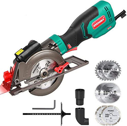 Picture of Circular Saw, HYCHIKA 6.2A Electric Mini Circular Saw, Laser Guide, 6 Blades (4-1/2), Max Cutting Depth 1-11/16'' (90°), Rubber Handle, 10 Feet Cord, Ideal for Wood Soft Metal Tile Plastic Cuts