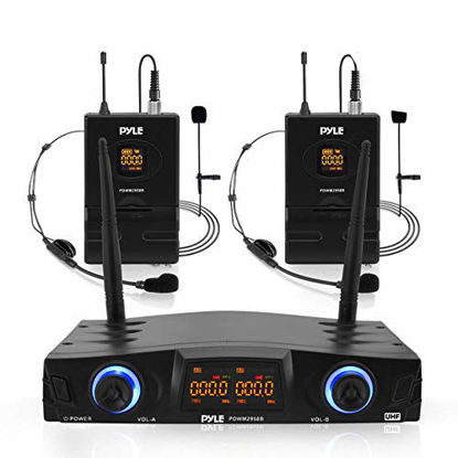 Picture of Compact UHF Wireless Microphone System - Pro Portable Dual Channel Desktop Digital Mic Receiver Set w/ 2 Belt-Pack Transmitter, Receiver, 2 Headset, Lavalier Mics, XLR, For Home, PA - Pyle PDWM2958B