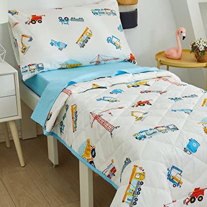 Picture of Brandream 4 Pieces Toddler Bedding Set with Colorful Construction Vehicle Boys Toddler Bed Comforter Sheet Set and Pillowcases, Ultra Cozy Pure Cotton