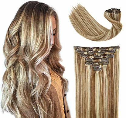 Picture of Clip In Human Hair Extensions Mixed Bleach Blonde Extension Clip in Thickened Brazilian Balayage Ombre Hair 120g 7pcs Full Head Silky Straight 100% Human Hair Clip In Extensions 14 Inch