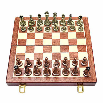 Picture of Large Metal Deluxe Chess Retro Copper Plated Alloy Chess Adult Set Board Game Portable Wooden Box Storage Folding Chess Set