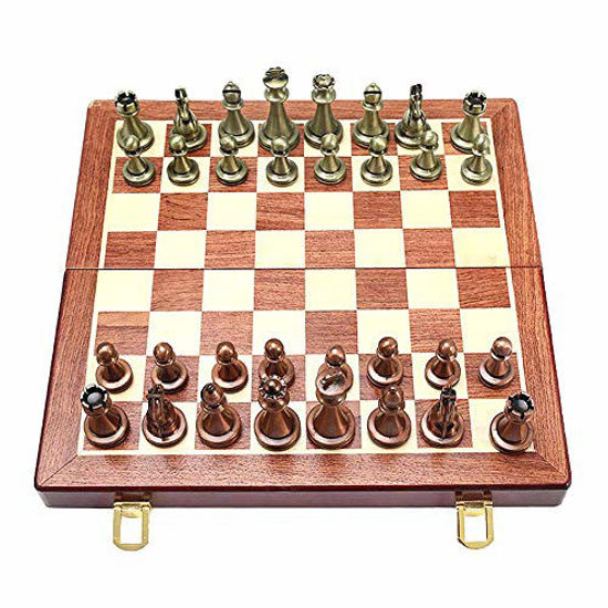 Picture of Large Metal Deluxe Chess Retro Copper Plated Alloy Chess Adult Set Board Game Portable Wooden Box Storage Folding Chess Set